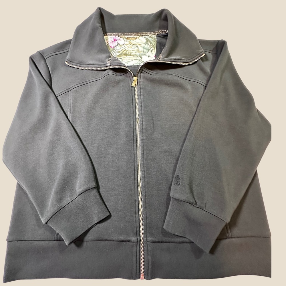 Tommy Bahama Womens Black Full Zip Track Jacket Mock Neck so soft Floral Trim L